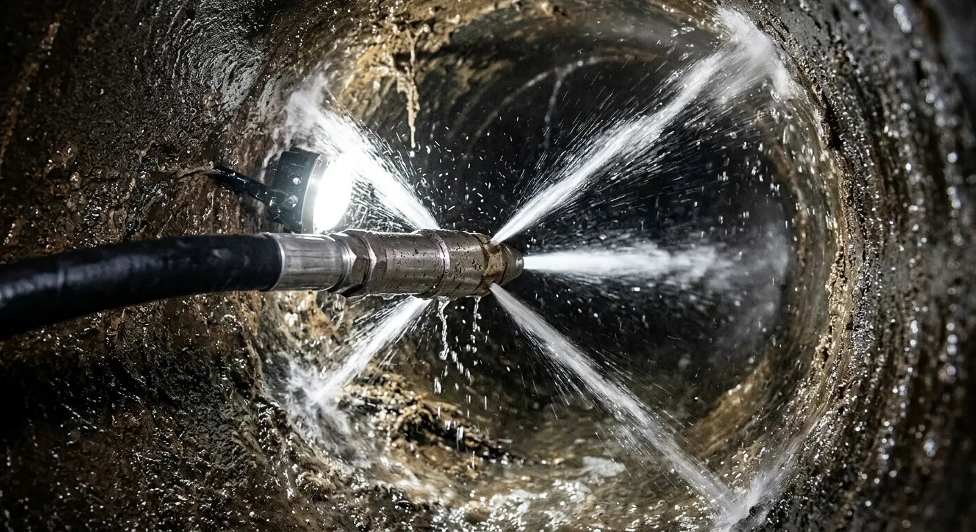 High-pressure hydro jetting nozzle cleaning sewer pipe for Trenchless Sewer Repair in Bellingham