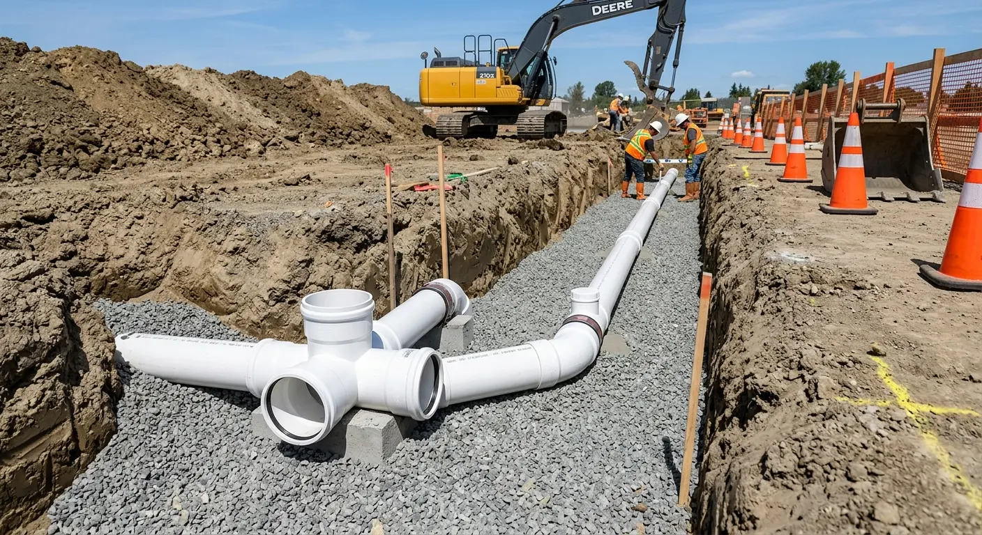 New PVC sewer pipe installation in open trench for Sewer Backup in Bellingham