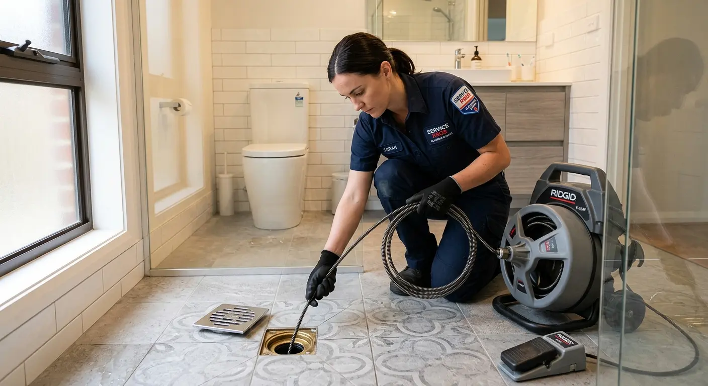 Technician clearing a bathroom floor drain for Drain Cleaning in Bellingham
